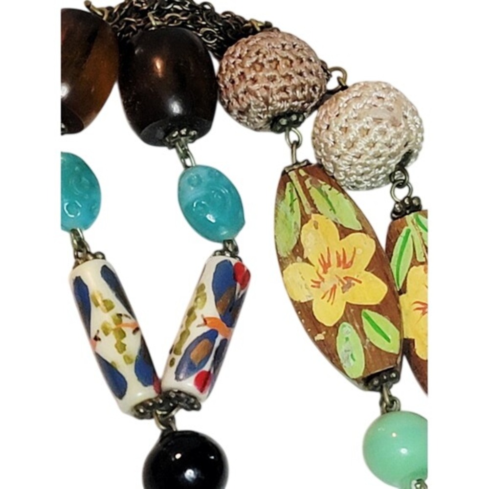 Artisan Boho Mixed Media Necklace Hand Painted Wood Ceramic Beads Long Tassel